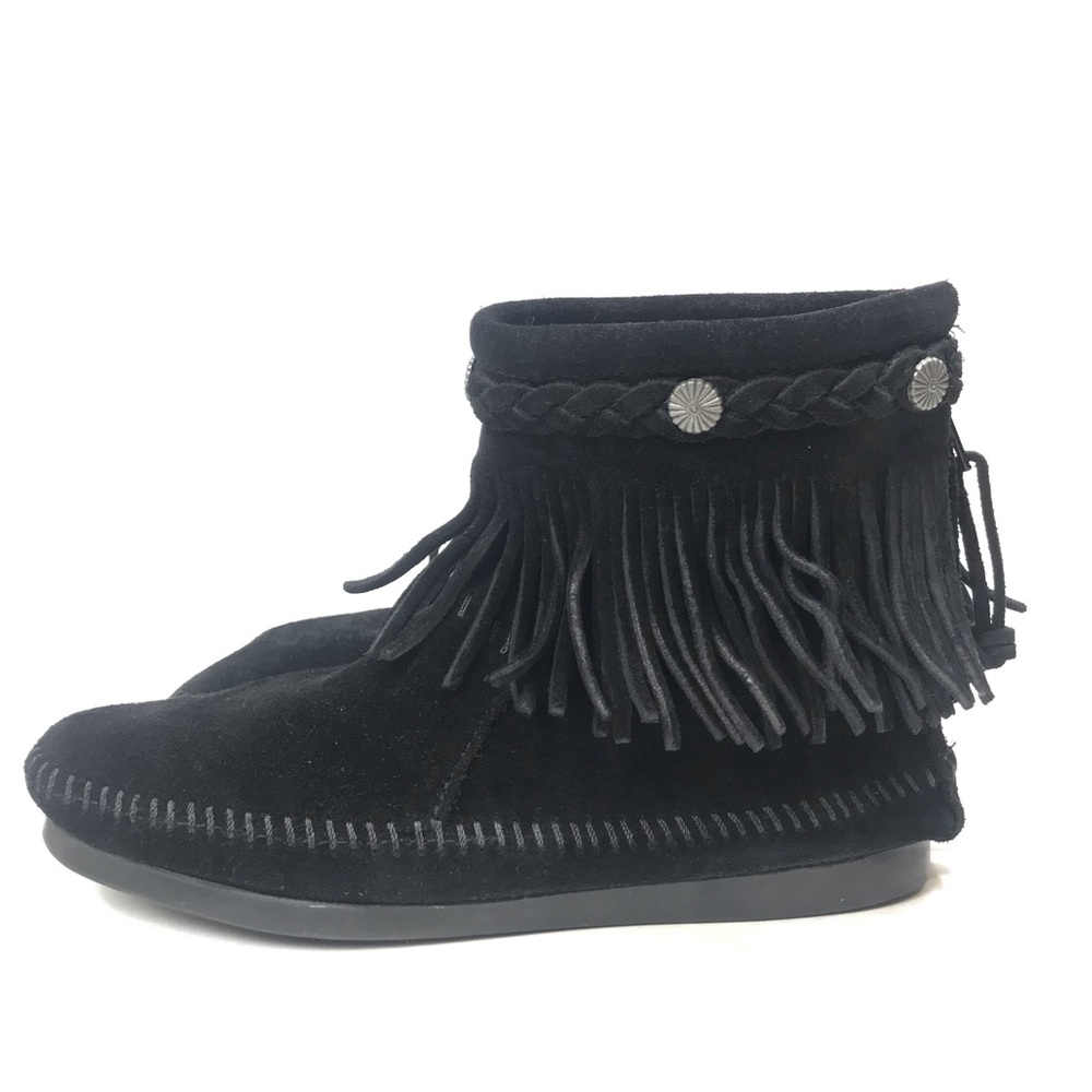 Minnetonka Black Suede Fringe Ankle Booties Moccasins